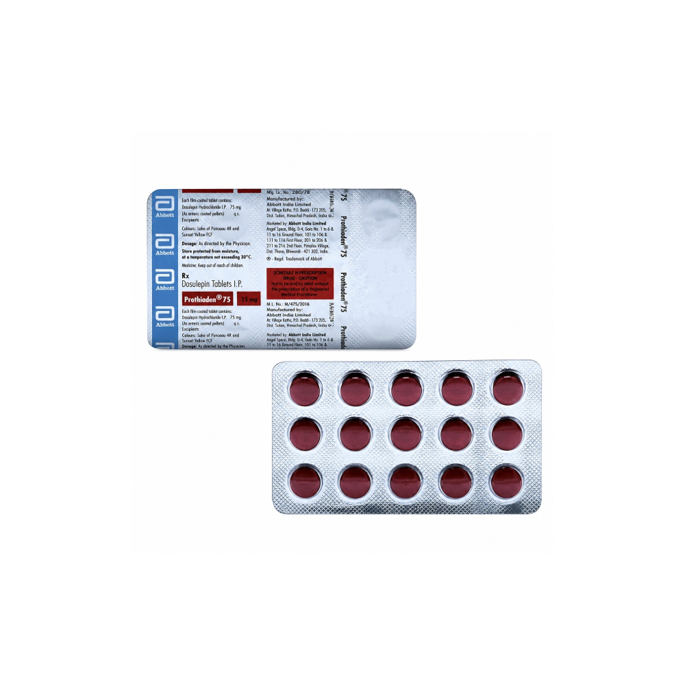 Packaging of red tablets with a white background of Prothiaden 75 Tablet