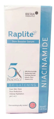 Raplite 10% Niacinamide Skin Booster Serum 30ml with Sodium Hyaluronate, Vitamin B12 and botanical extracts for brightening, hydration and even-looking skin tone.