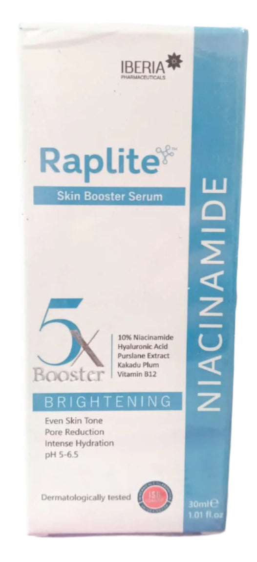 Raplite 10% Niacinamide Skin Booster Serum 30ml with Sodium Hyaluronate, Vitamin B12 and botanical extracts for brightening, hydration and even-looking skin tone.