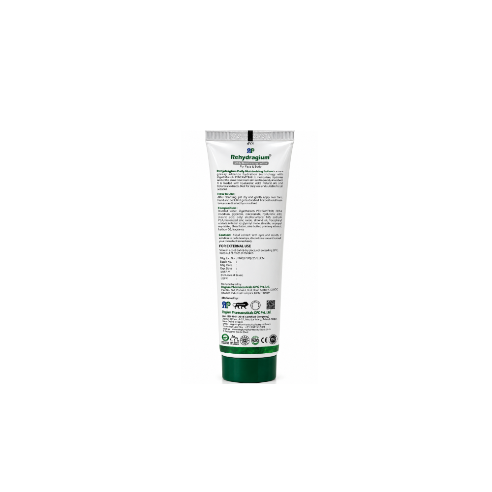 Back of Rehydr agium Daily Moisturizing Lotion tube showing ingredients, directions and cautions