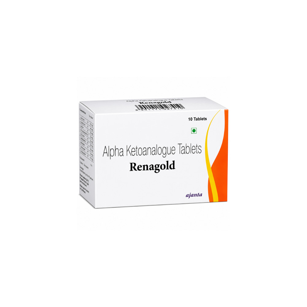 Box of Renagold Alpha Keto analogue Tablets on a white background