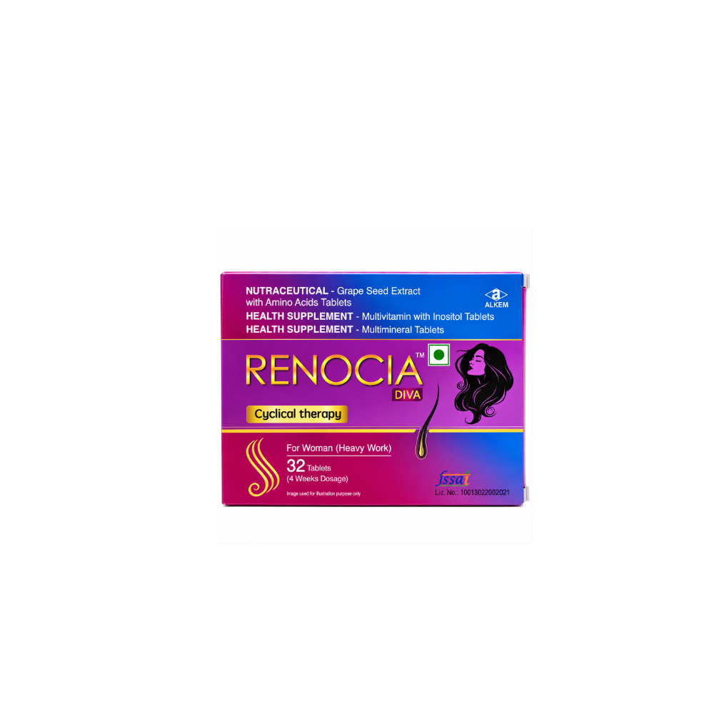 Renocia Diva cyclical hair health supplement 32 tablets by Alkem Laboratories front packaging