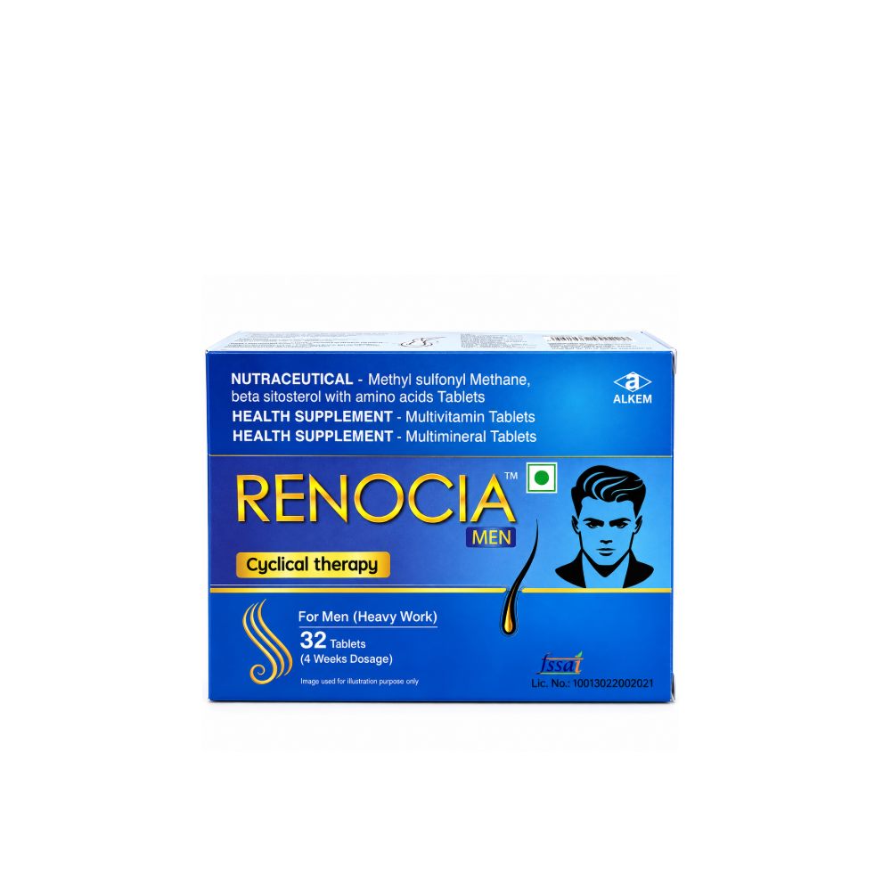 Renocia Men Cyclical Therapy 32 tablets by Alkem showing 4-week dosage and nutritional supplement formulation for men