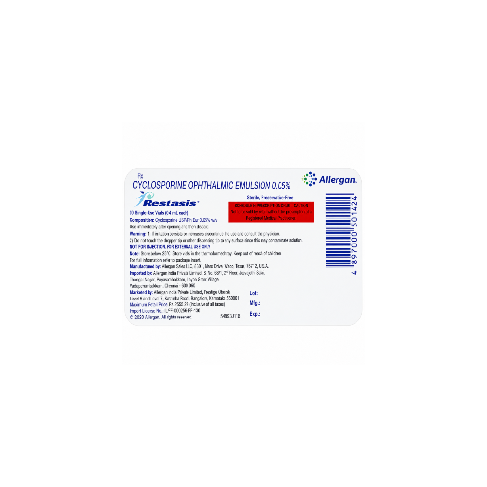 Restasis Ophthalmic Emulsion (0.4ml-each) Salt Composition:-Ciclosporin (0.05% w/v) Pack Of:-30 ophthalmic emulsions in 1 packet Uses:-Dry eyes Manufacturer/Marketer Address:-Allergan India Pvt Ltd, No.3, Kasturba Road, Level 2, Prestige Obelisk, Bangalore – 560 001, KARNATAKA, INDIA