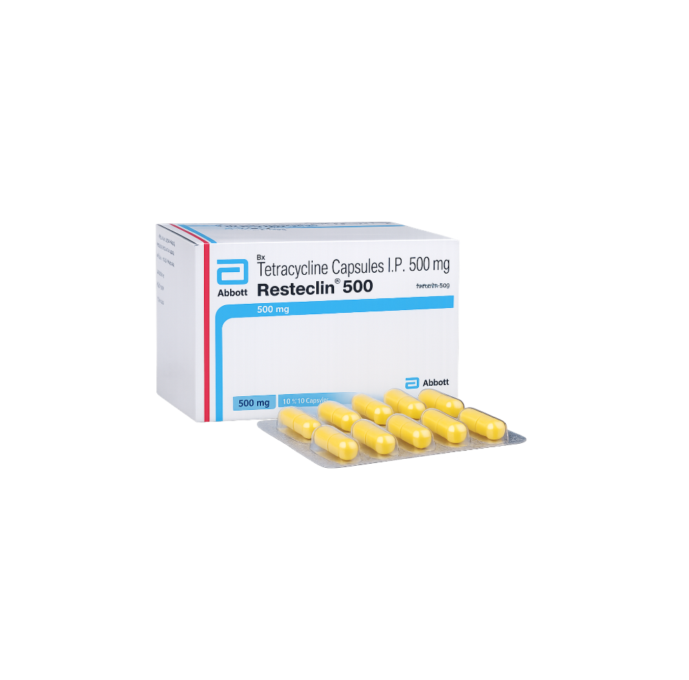 Box of Resteclin 500 capsules with yellow capsules on a white background