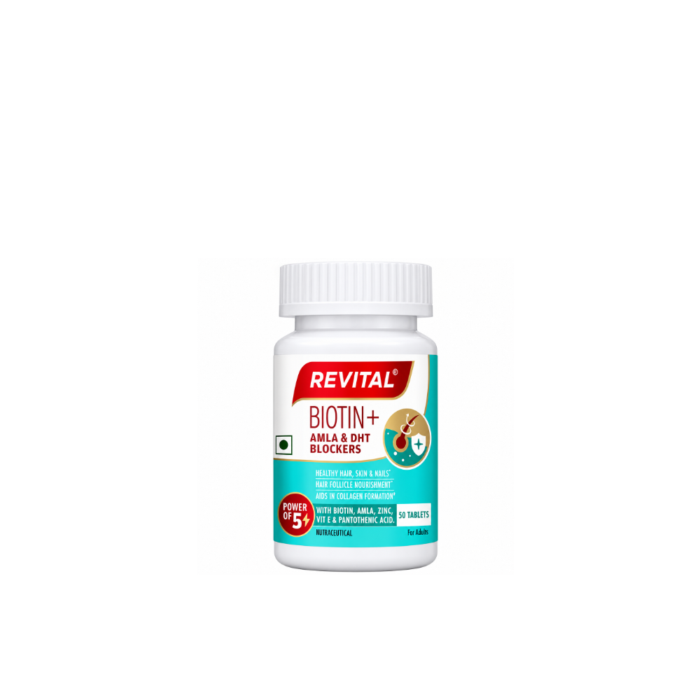 Revital Biotin+ Amla and DHT Blockers nutritional supplement bottle containing 50 tablets for adult hair, skin and nail support.