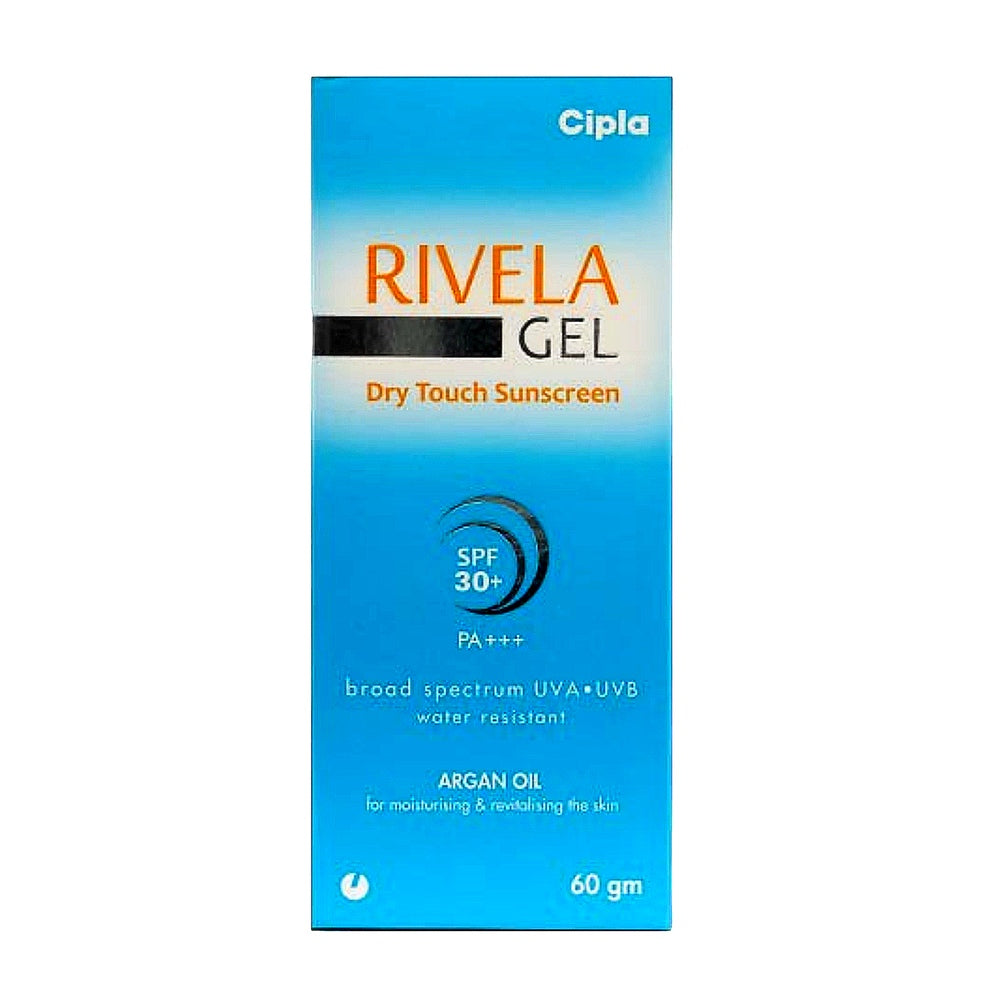 Cipla Rivela Gel dry touch sunscreen packaging on a white background