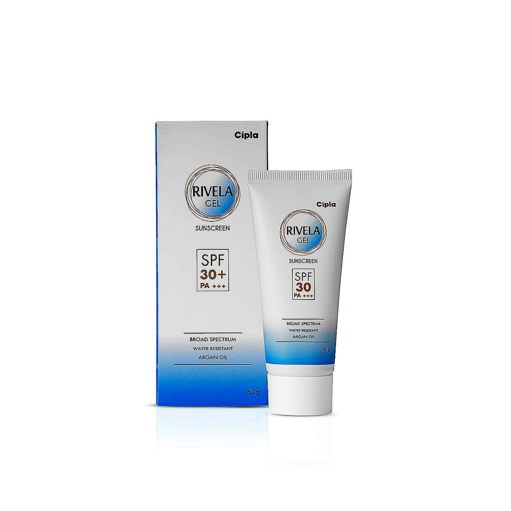 Rivela sunscreen gel with packaging on a white background