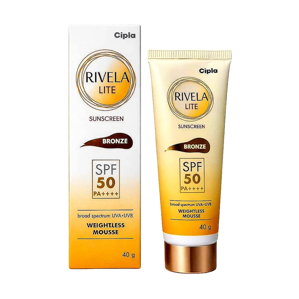 Cipla Rivela Lite Sunscreen SPF 50 packaging and tube on a white background