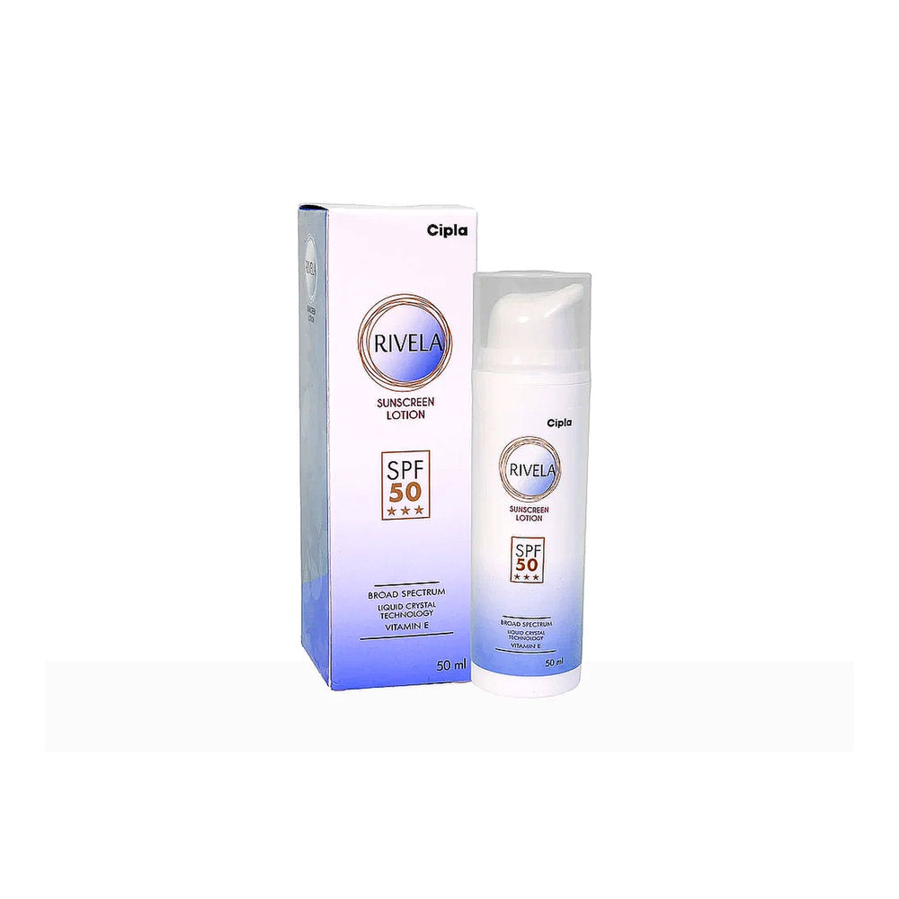 Cipla Rivela sunscreen lotion SPF 50 packaging on a white background