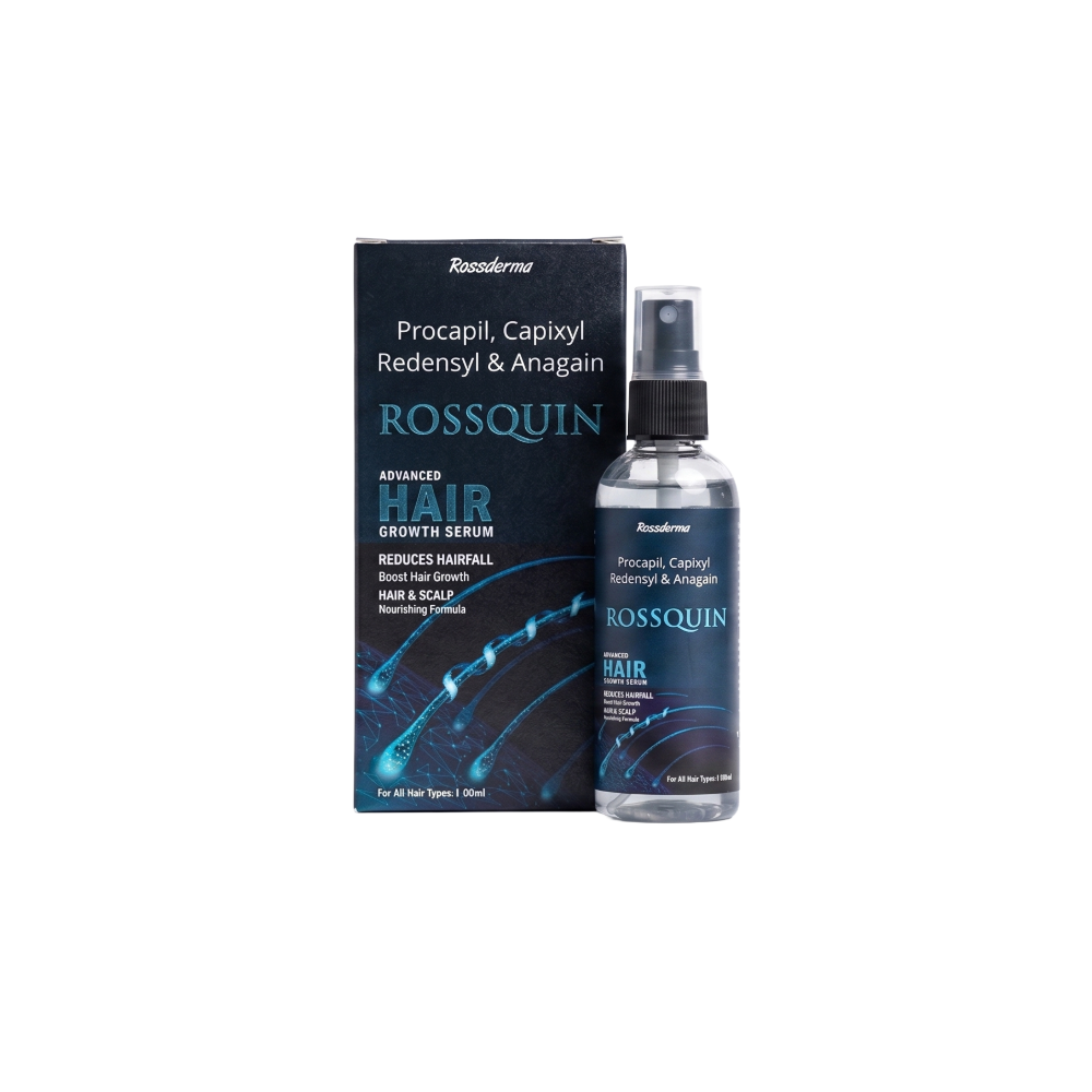 Rosquin hair growth serum bottle and packaging on a white background
