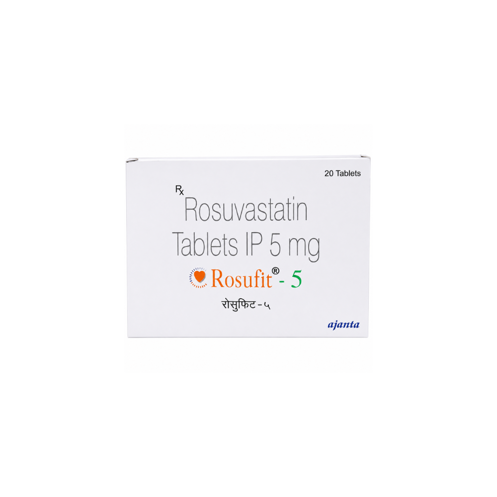 Rosufit 5 Tablet  Box of Rosuvastatin Tablets IP 5 mg with branding on a white background
