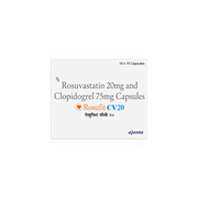 Rosufit CV 20 Capsule Packaging of Rosuvastatin 20mg and Clopidogrel 75mg Capsules with Ajanta logo on a white background