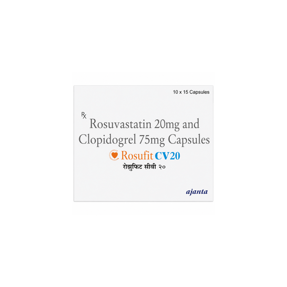 Rosufit CV 20 Capsule Packaging of Rosuvastatin 20mg and Clopidogrel 75mg Capsules with Ajanta logo on a white background