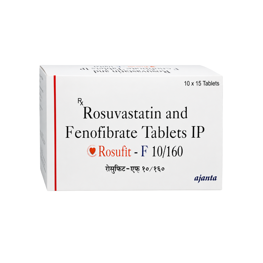 Rosufit F 10160 Tablet  Box of Rosuvastatin and Fenofibrate Tablets IP with branding on a white background