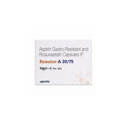Packaging of Rosutor A 20/75 Capsule, featuring Aspirin Gastro-Resistant and Rosuvastatin Capsules IP by Ajanta.