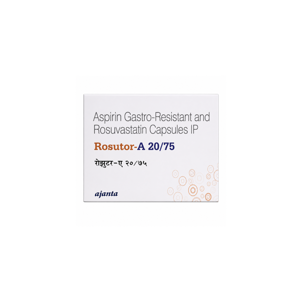 Packaging of Rosutor A 20/75 Capsule, featuring Aspirin Gastro-Resistant and Rosuvastatin Capsules IP by Ajanta.