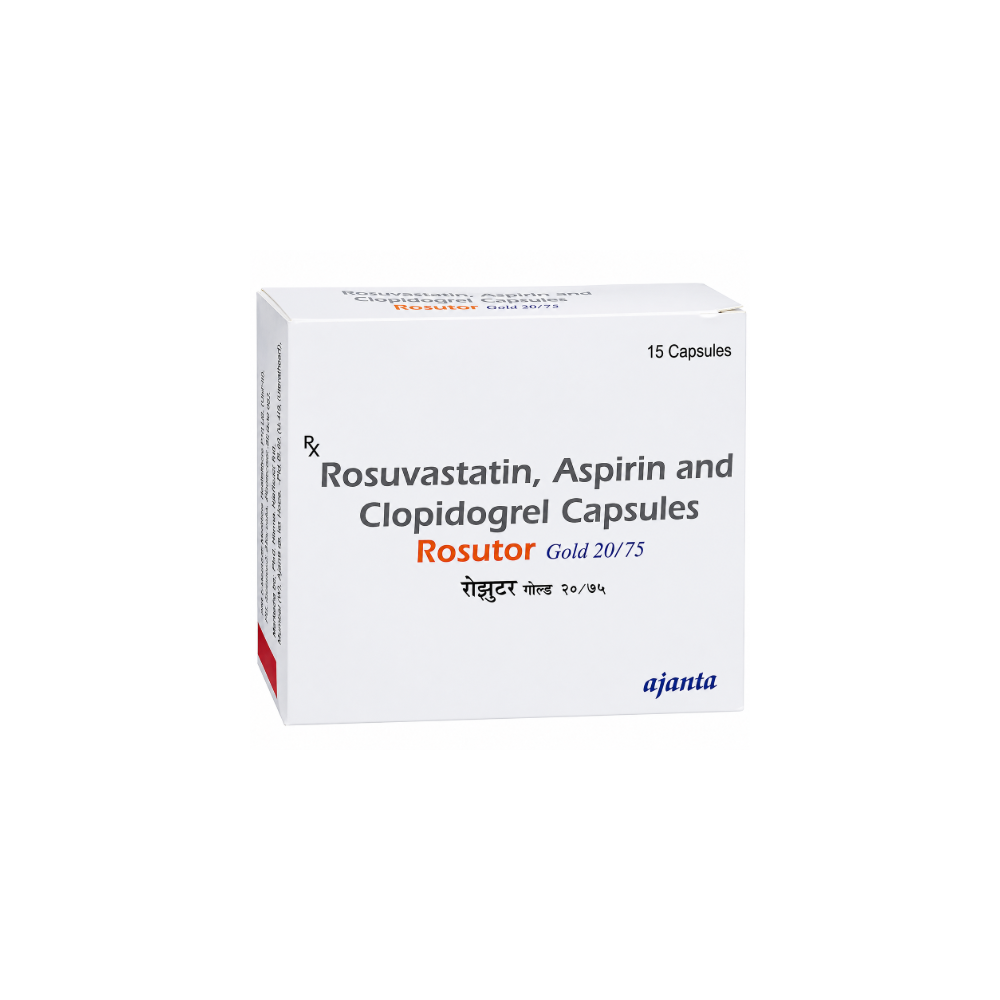 Rosutor Gold 20/75 Capsule Box of Rosuvastatin, Aspirin and Clopidogrel Capsules with Ajanta logo on a white background