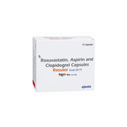 Rosutor Gold 20/75 Capsule Box of Rosuvastatin, Aspirin and Clopidogrel Capsules with Ajanta logo on a white background
