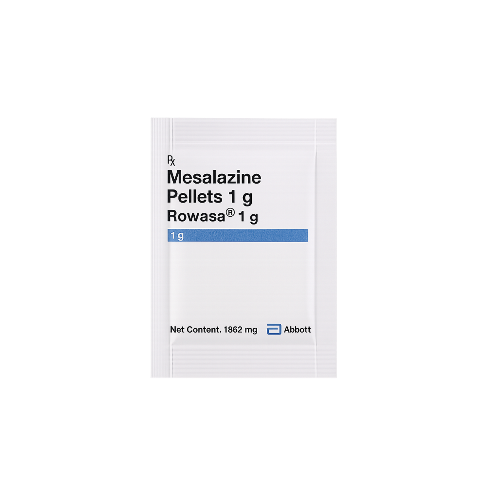 Packaging of Mesalazine Pellets 1 g Rowasa 1 g by Abbott on a white background