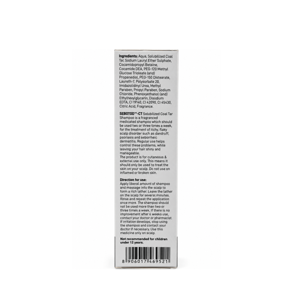SEBOTOD CT Shampoo carton panel listing solubilized coal tar and other ingredients, directions for use, precautions and age recommendation.