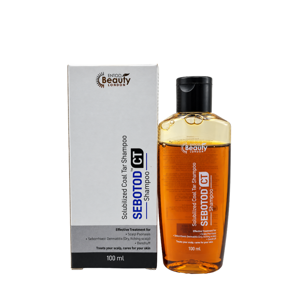 SEBOTOD CT Solubilized Coal Tar Shampoo 100 ml bottle and carton by Entod Beauty London.