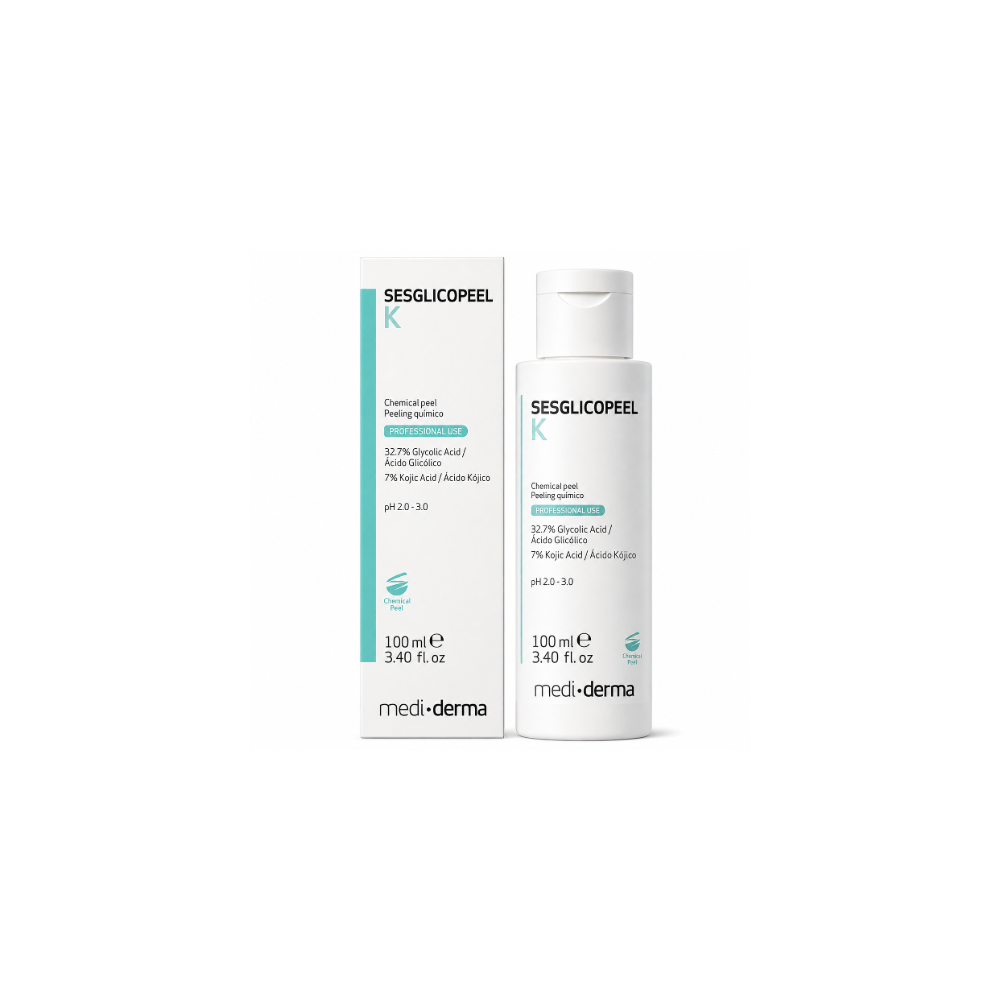 Sesglicopeel K Chemical Peel 100ml by Medi Derma with 32.7% Glycolic Acid and 7% Kojic Acid for professional skin resurfacing, pigmentation, acne marks, and skin brightening.
