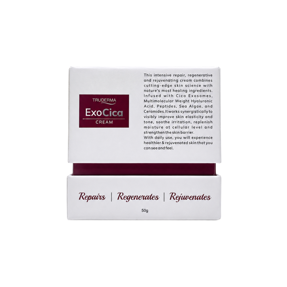 Side view of Truderma ExoCica Cream 50g packaging displaying product information, ingredients and advanced skin repair formula with Cica Exosomes, Hyaluronic Acid, Peptides and Ceramides.