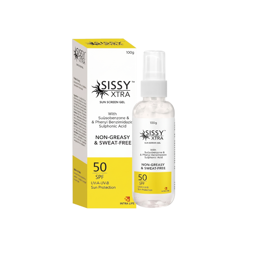 Sissy Xtra sun screen gel bottle and packaging on a white background
