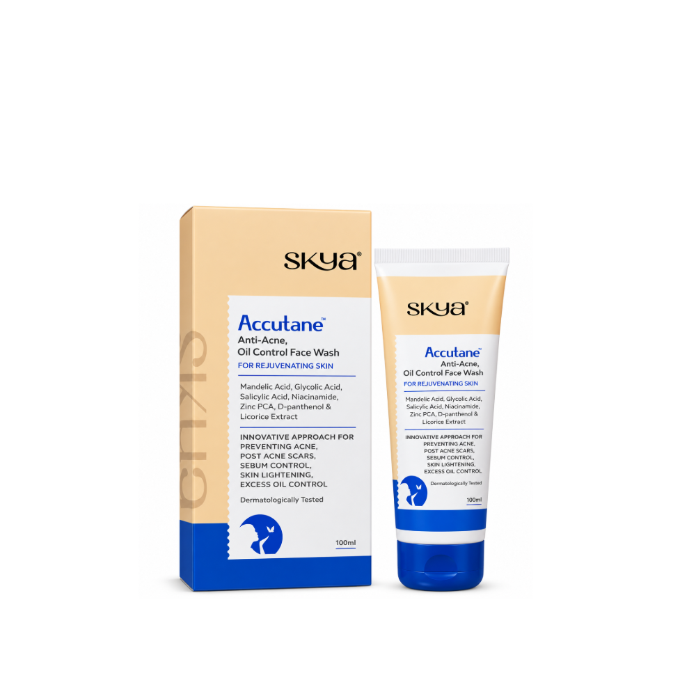 Skya Accutane Anti-Acne Oil Control Face Wash 100ml front packaging with Salicylic Acid, Glycolic Acid, Mandelic Acid and Niacinamide