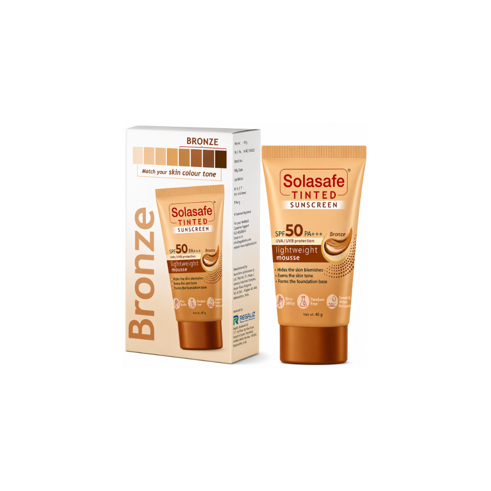 Solasafe Tinted Sunscreen SPF 50 in the shade Bronze, shown with its retail box packaging on a clean white background.