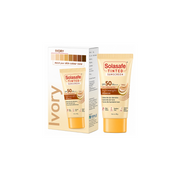 Solasafe Tinted Sunscreen SPF 50+ in the shade Ivory, shown as a squeeze tube next to its retail box on a plain white background.