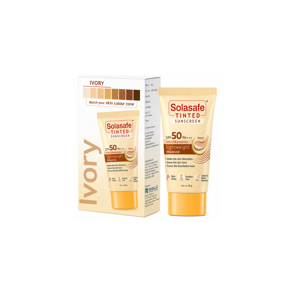 Solasafe Tinted Sunscreen SPF 50+ in the shade Ivory, shown as a squeeze tube next to its retail box on a plain white background.