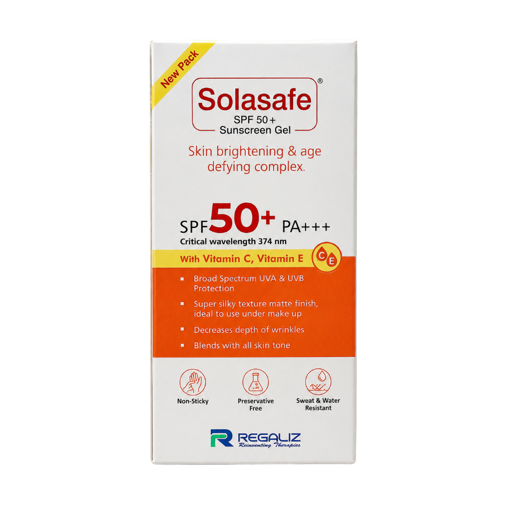 Solasafe SPF 50+ Sunscreen Gel carton front with PA+++ and Vitamin C and E