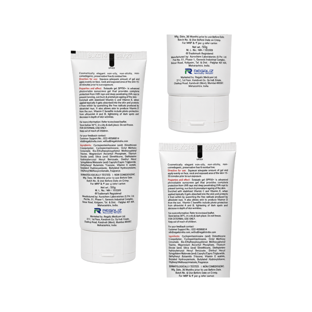 Solasafe SPF 50+ Sunscreen Gel full back label with ingredients, usage directions and manufacturer details