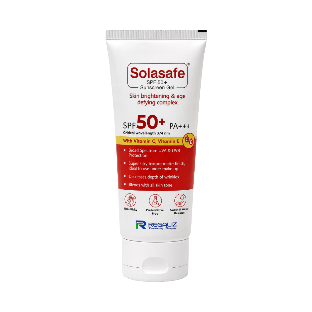 Solasafe SPF 50+ Sunscreen Gel tube front with PA+++ and Vitamin C and E