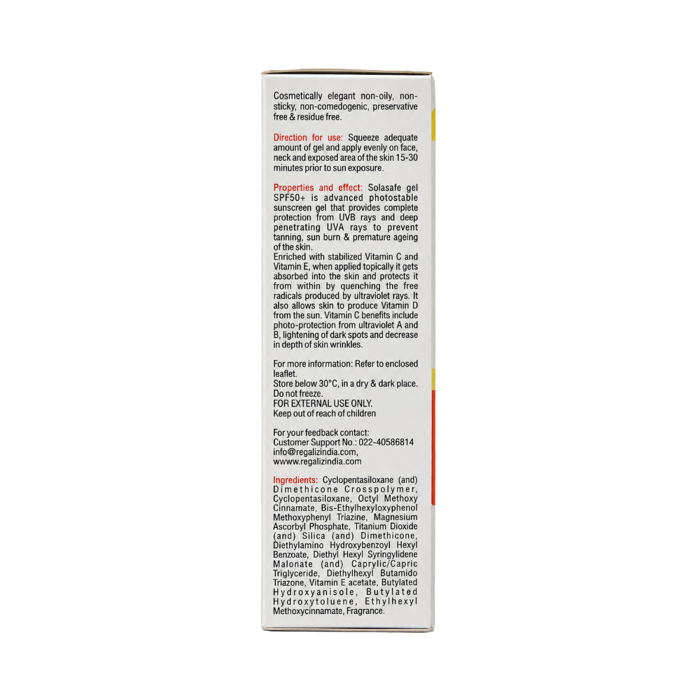 Solasafe SPF 50+ Sunscreen Gel carton side showing directions, properties, ingredients and manufacturer details