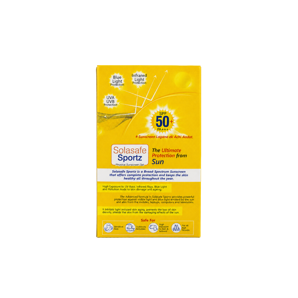 Solasafe Sportz Physical Sunscreen Gel SPF 50+ PA+++ yellow carton with UVA UVB, blue light and infrared protection
