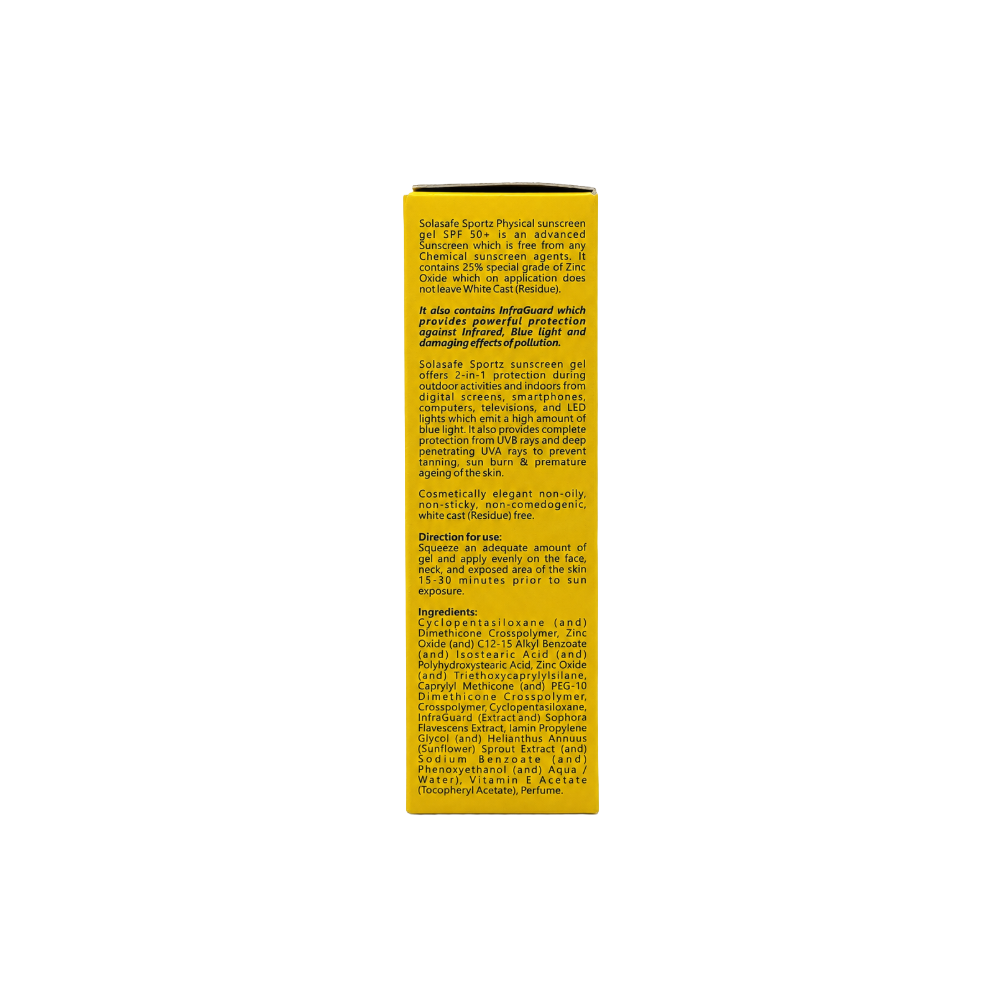 Solasafe Sportz Physical Sunscreen Gel SPF 50+ PA+++ yellow carton box showing broad-spectrum sun protection and product information