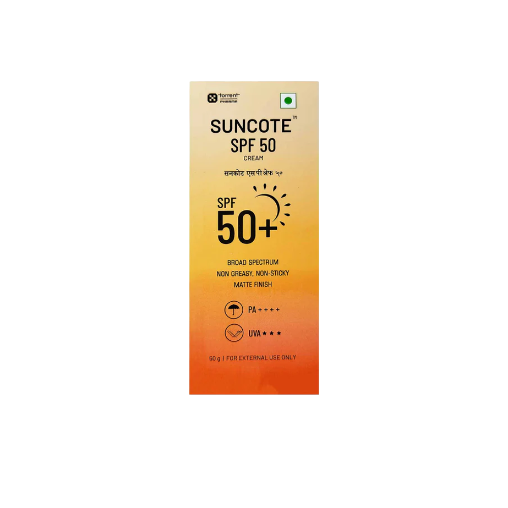 Suncote SPF 50 cream packaging on a white background