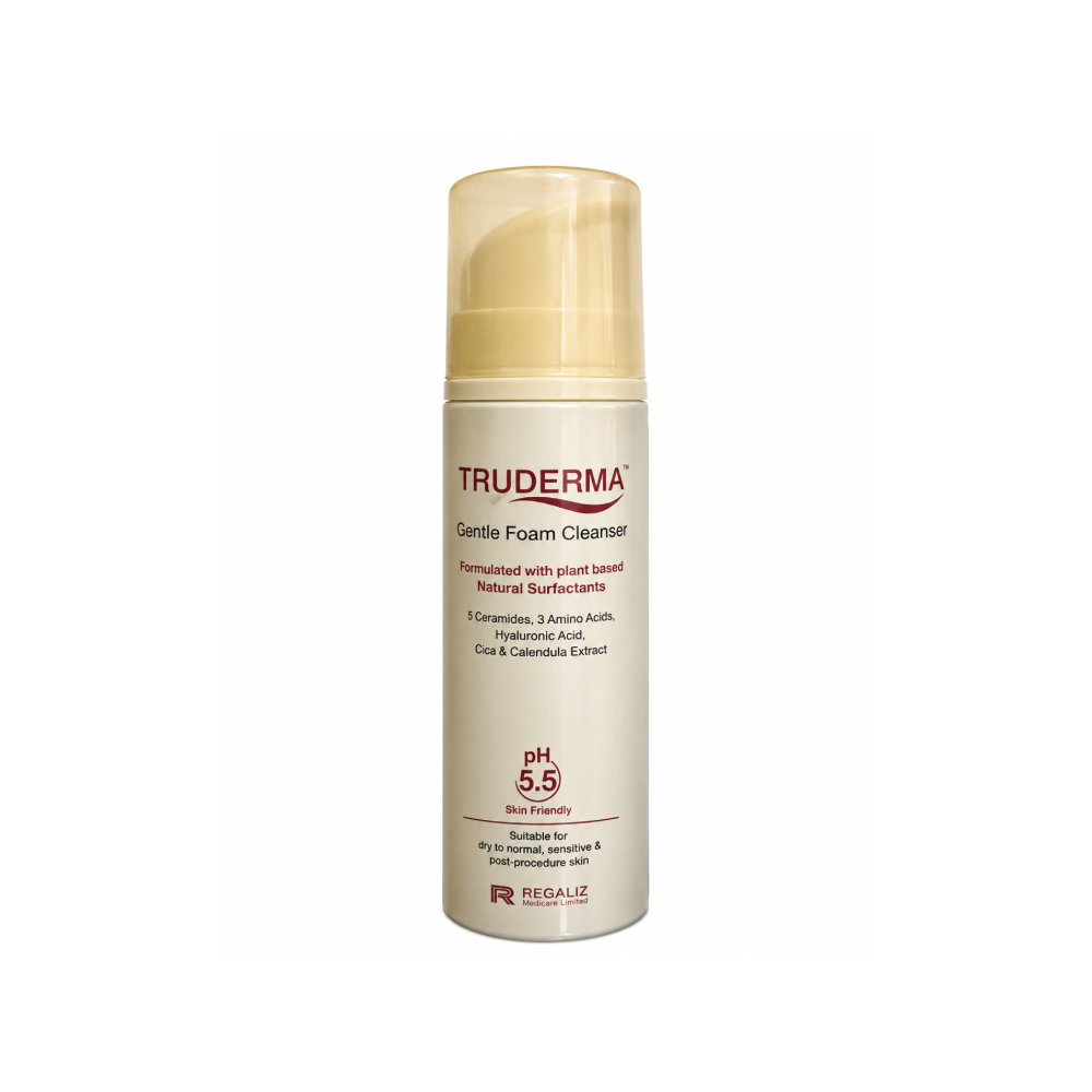 TRUDERMA Gentle Foam Cleanser 140ml bottle with plant-based natural surfactants, 5 Ceramides, 3 Amino Acids, Hyaluronic Acid, Cica and Calendula Extract for dry, normal, sensitive and post-procedure skin.