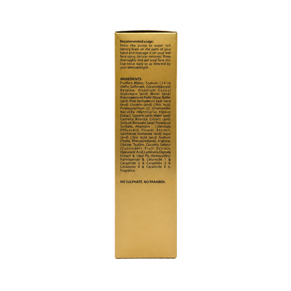 Side view of TRUDERMA Gentle Foam Cleanser showing ingredients, usage instructions, and sulphate-free, paraben-free formulation.