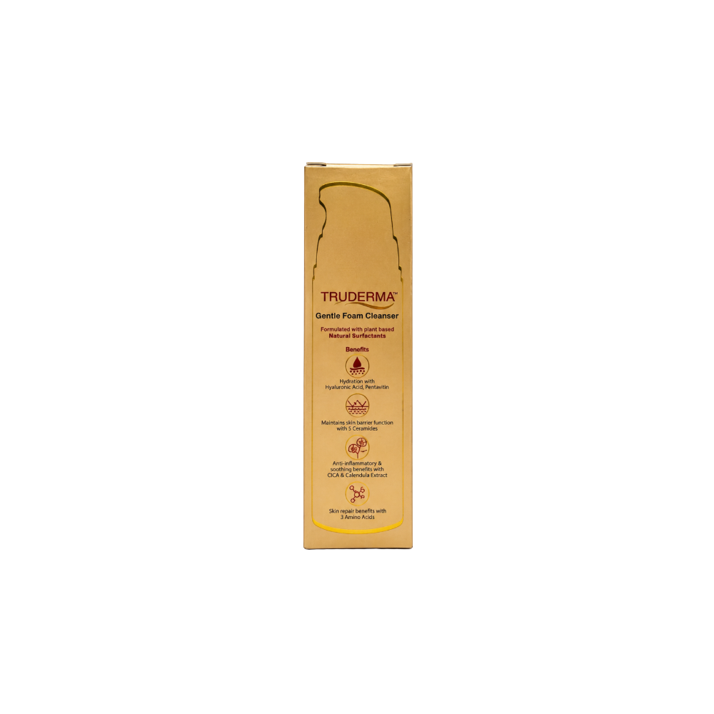 TRUDERMA Gentle Foam Cleanser benefits panel showing hydration with Hyaluronic Acid, skin barrier support with 5 Ceramides, soothing Cica & Calendula, and skin repair with 3 Amino Acids.