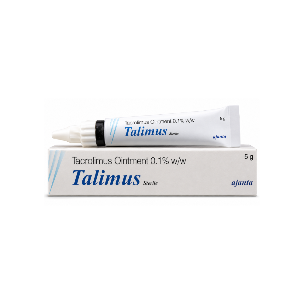 Talimus Tacrolimus Ointment tube and box on a white background