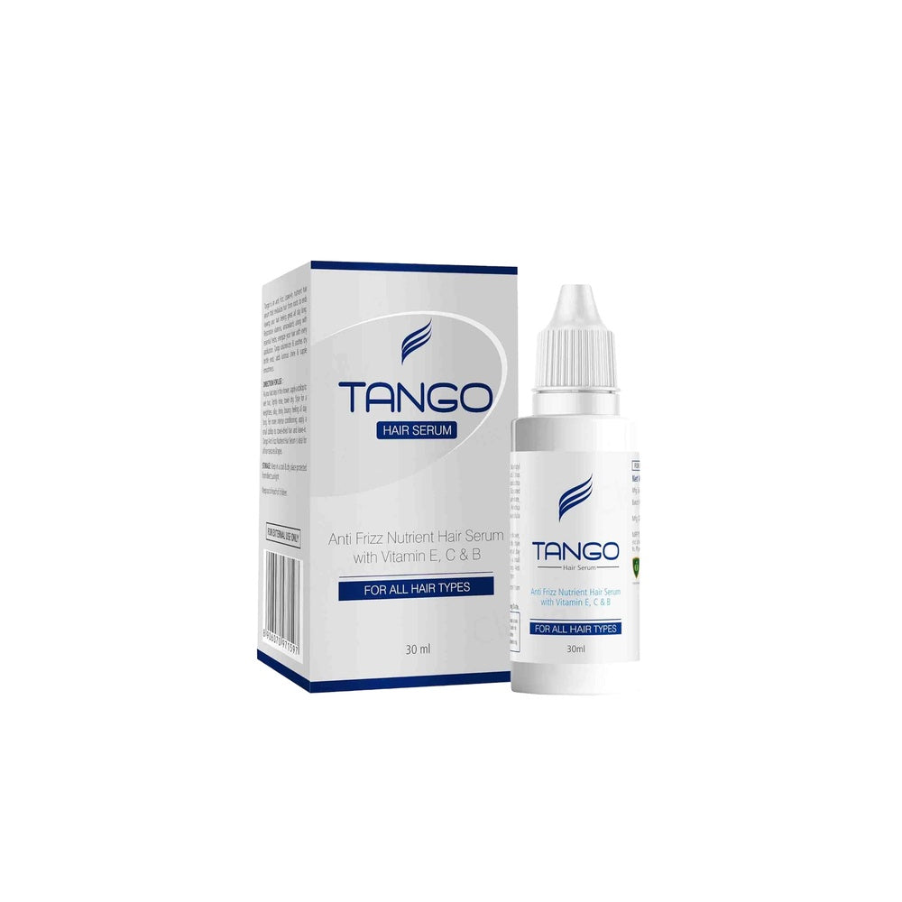 Tango hair serum packaging and bottle on a white background