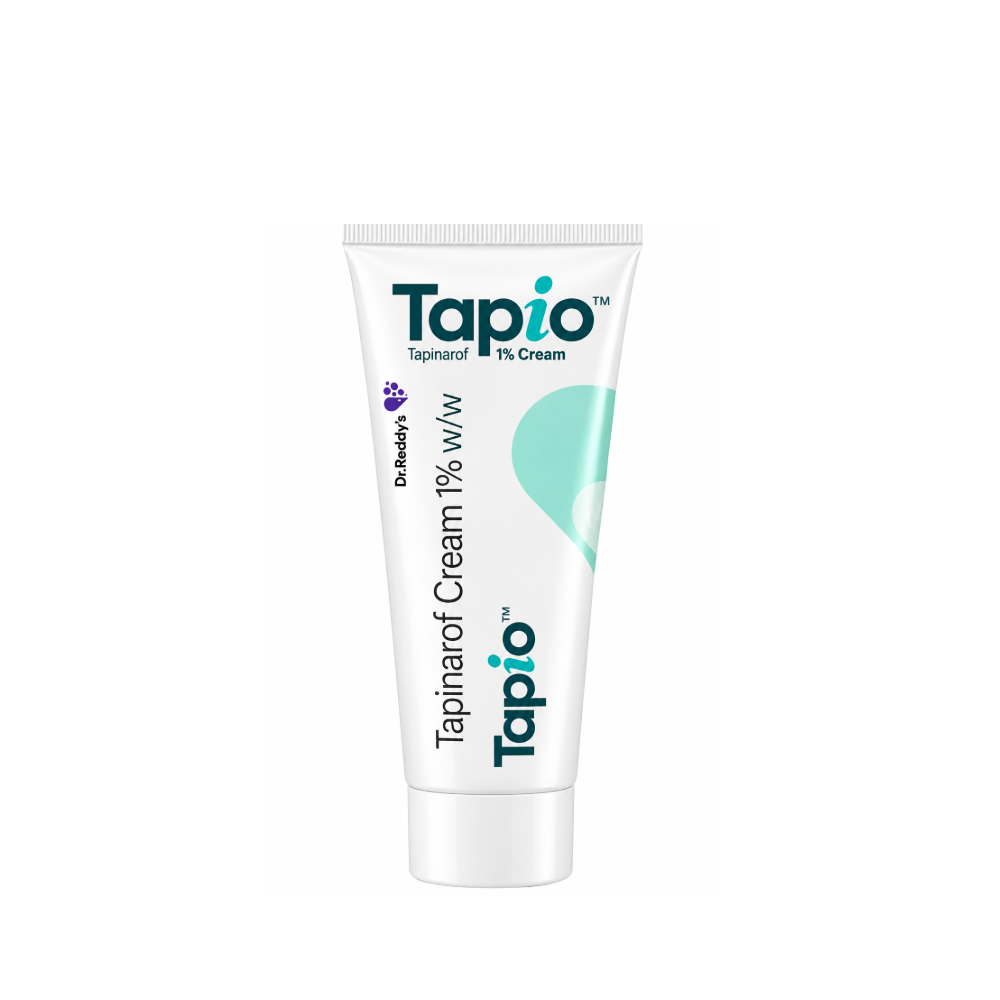 Front view of Tapio Tapinarof 1% Cream tube by Dr. Reddy’s, showing teal branding and white packaging.