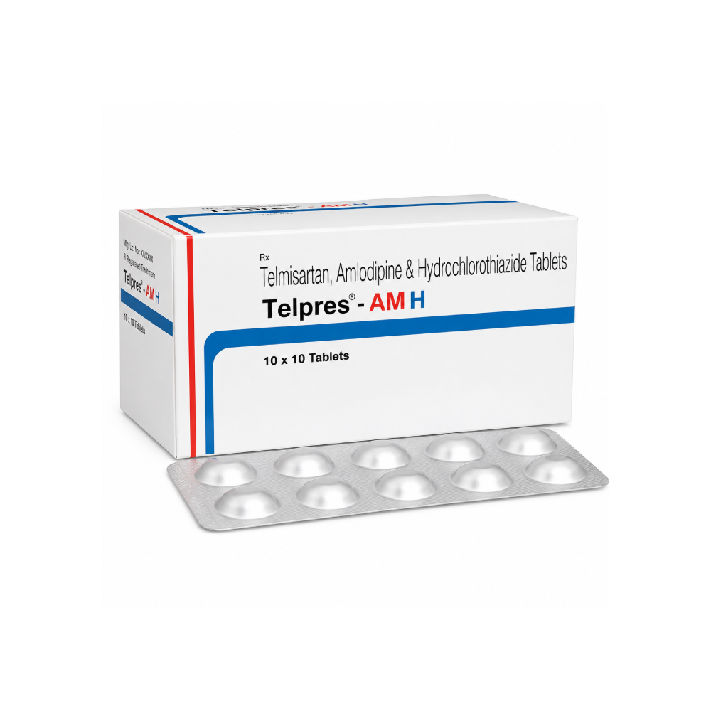 Box of Telpres-AM H tablets with a tray of loose tablets on a white background