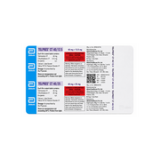 Medication packaging with label details on a white background