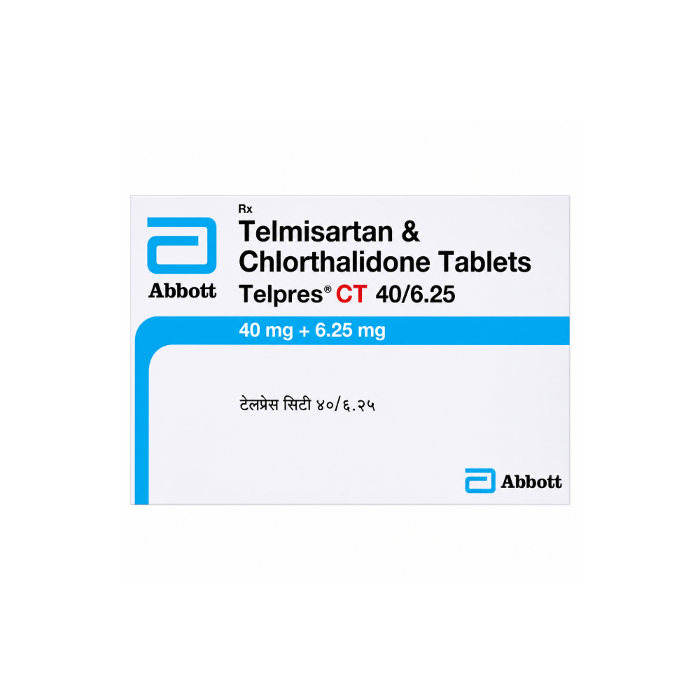 Package of Telmisartan & Chlorthalidone Tablets by Abbott on a white background