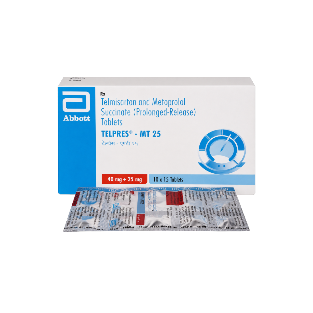 Box of Telpres-MT 25 tablets by Abbott on a white background